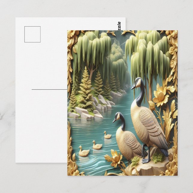 Kanada Gänse inmitten der weinenden Willows Postkarte (Vorne/Hinten)