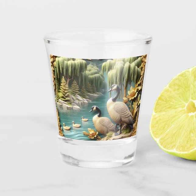 Kanada Gänse inmitten der weinenden Willows Schnapsglas (Vorderseite)