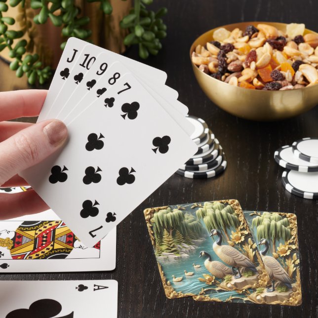 Kanada Gänse inmitten der weinenden Willows Spielkarten (In Situ)