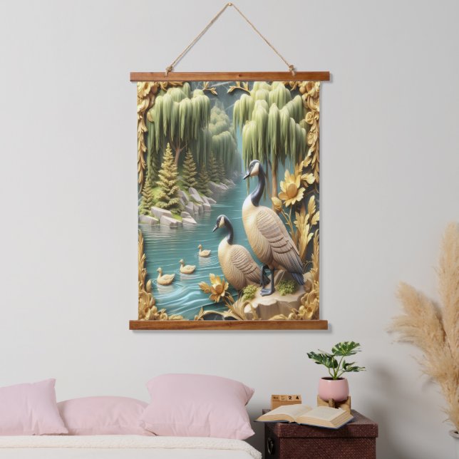 Kanada Gänse inmitten der weinenden Willows Wandteppich Mit Holzrahmen (Schlafzimmer)