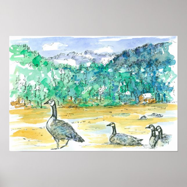 Kanada Geese Blue Mountains Wasserfarben Sketch Ku Poster (Vorne)