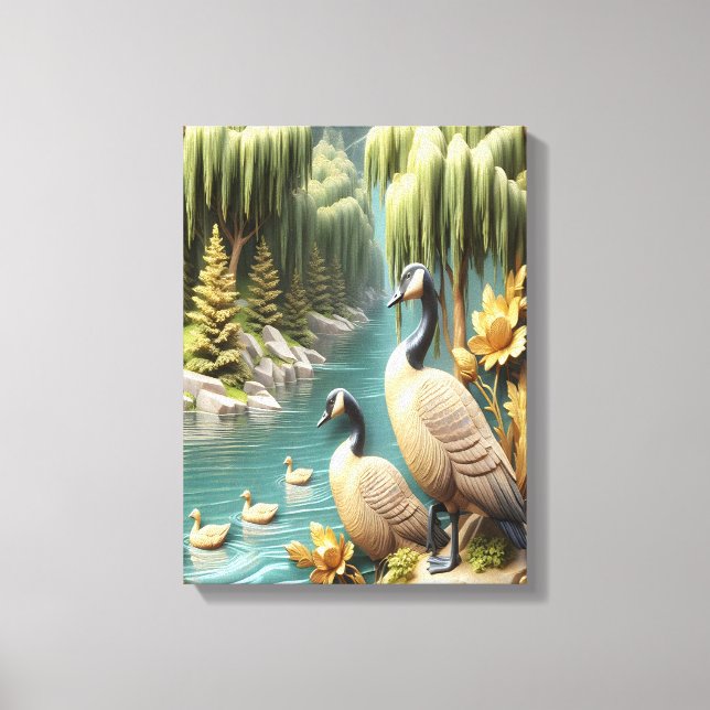 Kanada Geese inmitten der weinenden Willows 12x16 Leinwanddruck (Vorderseite)