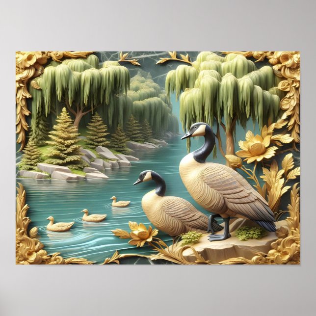 Kanada Geese inmitten der weinenden Willows 16x12 Poster (Vorne)