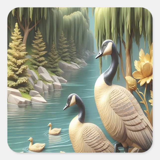 Kanada Geese inmitten der weinenden Willows 16x20 Quadratischer Aufkleber (Vorderseite)
