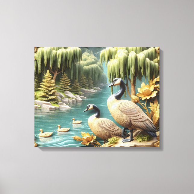 Kanada Geese inmitten der weinenden Willows 20x16 Leinwanddruck (Vorderseite)