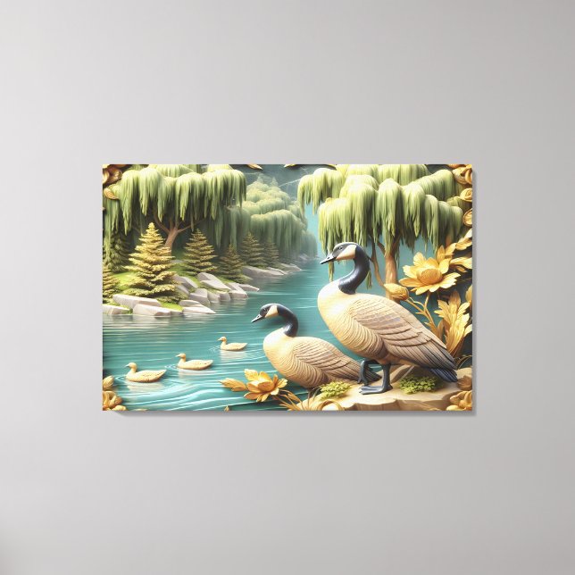 Kanada Geese inmitten der weinenden Willows 36x24 Leinwanddruck (Vorderseite)