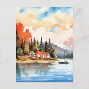 Kanada Herbst Natur See Landschaft Aquarell Postkarte