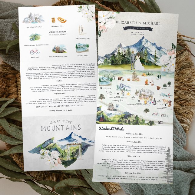 Kanadische Rocky Mountains | Illustrierte Hochzeit Dreifach Gefaltete Einladung (Von Creator hochgeladen)