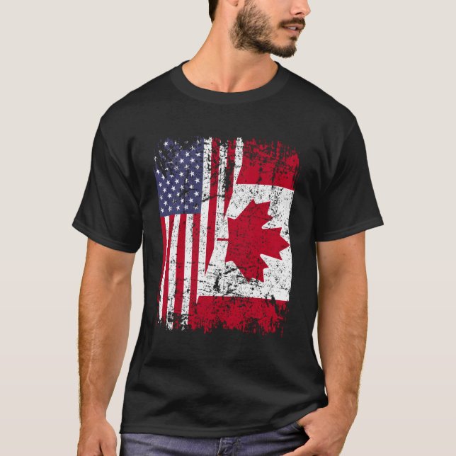 Kanadische Roots Half-Amerikanische Flagge Kanada T-Shirt (Vorderseite)