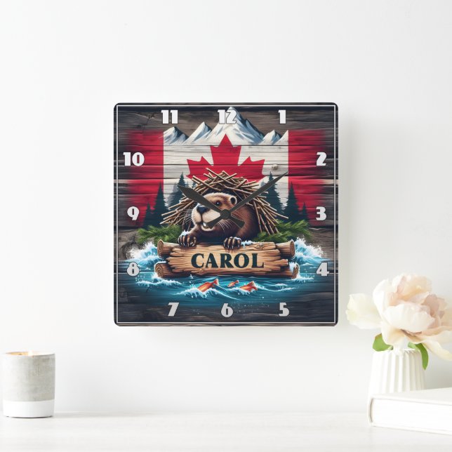 Kanadischer Biber mit kanadischem Flaggenhintergru Quadratische Wanduhr (Zuhause)