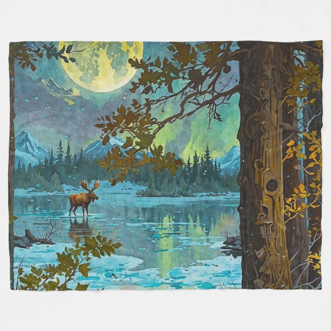Kanadischer Elch & Wintermond Fleecedecke (Vorderseite (Horizontal))