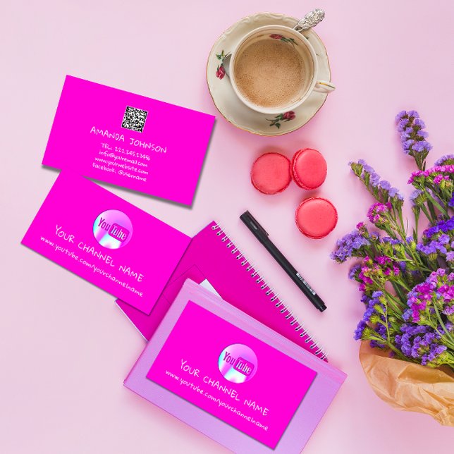 KANALNAME YOUTUBER LOGO QR CODE PINK VISITENKARTE (CHANNEL NAME YOUTUBER LOGO QR CODE PINK BUSINESS CARD)