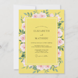 Kanarienvogel-Rosa-Wasserfarben-Hochzeit Einladung