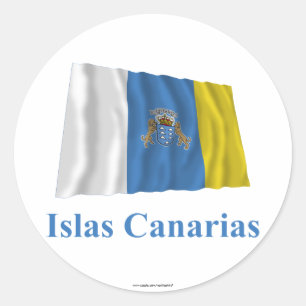 Kanarische Inseln Waving Flag mit Namen auf Spanis Runder Aufkleber
