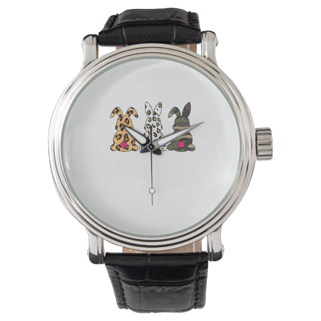 Kanbits Bunnies Leopard Camouflage Happy Oaster Da Armbanduhr (Vorderseite)
