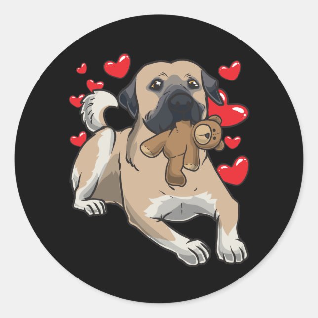 Kangal Hund mit ausgestopftem Tier und vielen Herz Runder Aufkleber (Vorderseite)