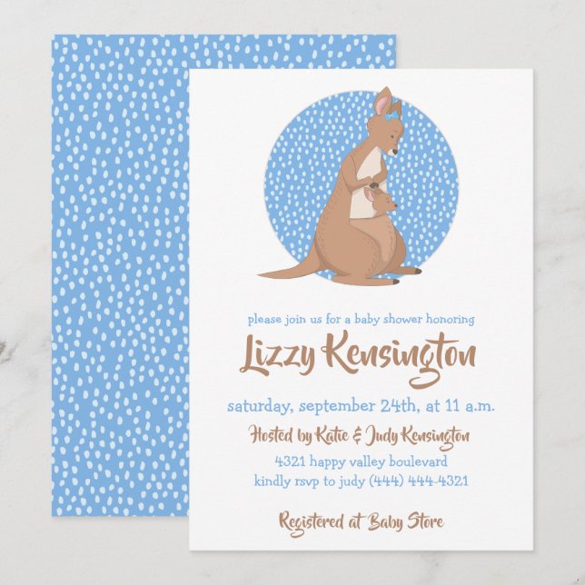 Kangaroo Baby Dusche Blaues Muster Einladung (Vorne/Hinten)