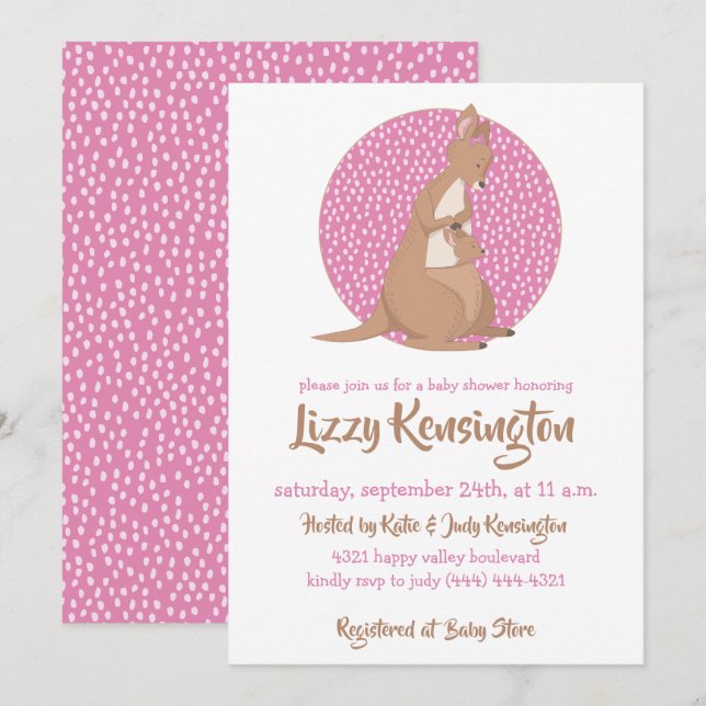 Kangaroo Baby Girl Dusche Pink Muster Einladung (Vorne/Hinten)