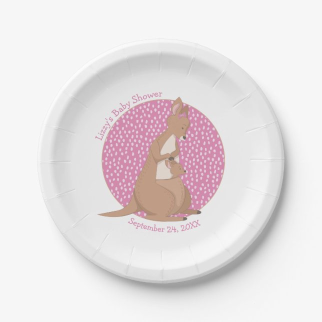 Kangaroo Baby Girl Duwer Tan und Pink Pattern Pappteller (Vorderseite)