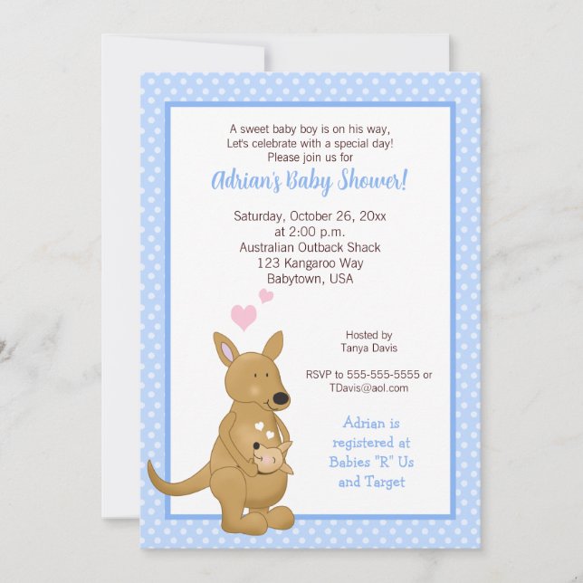 Kangaroo Baby Shower Einladung Blue (Vorderseite)