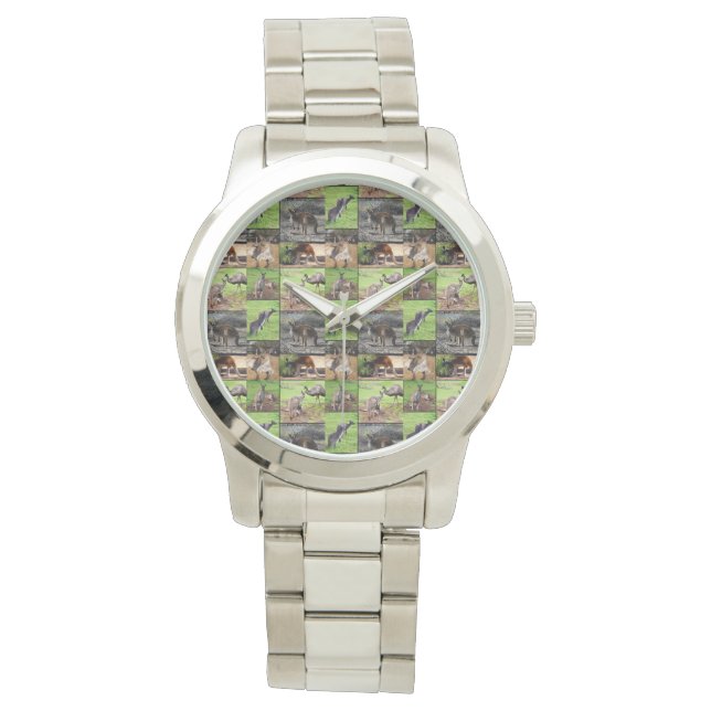 Kangaroo-FotoCollage, große Silberunisex-Uhr Armbanduhr (Vorderseite)