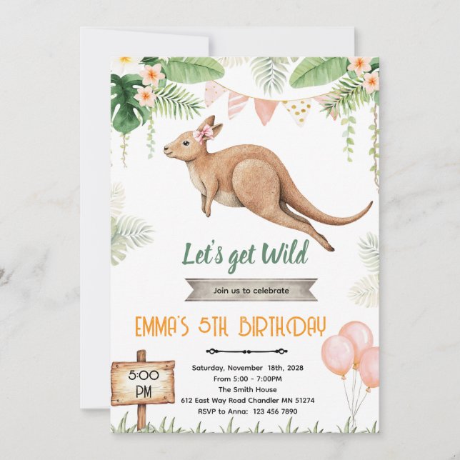 Kangaroo girl birthday invitation einladung (Vorderseite)
