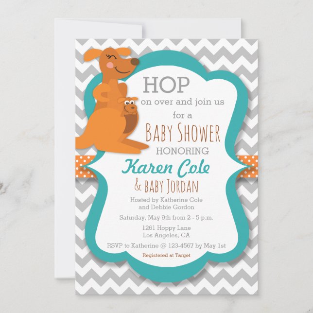 Kangaroo maman et bébé - Invitation Baby shower (Devant)