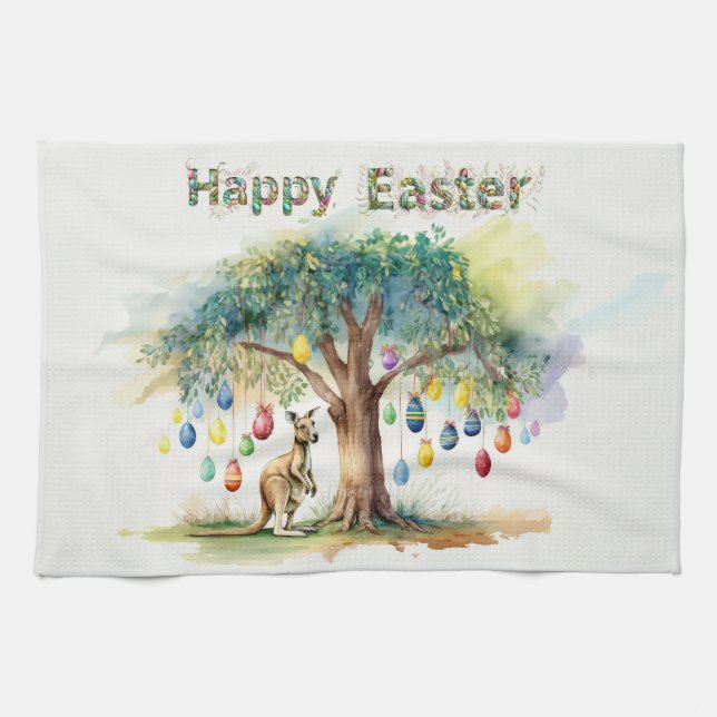 Kangaroo unter dem Gumbaum mit Ostereiern Geschirrtuch (Horizontal)
