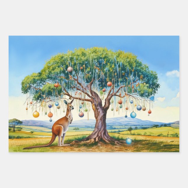 Kangaroo unter dem Hummer mit Weihnachtsbaumbaumho Geschenkpapier Set (Vorderseite)