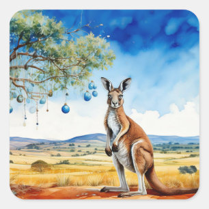 Kangaroo unter dem Hummer mit Weihnachtsbaumbaumho Quadratischer Aufkleber