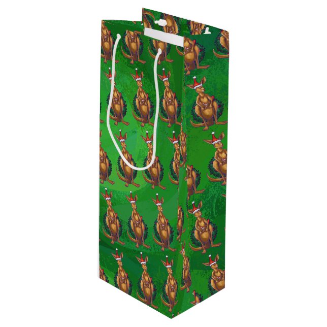 Kangaroo Weihnachten auf grün gestrichen Geschenktüte Für Weinflaschen (Vorderseite Schrägansicht)