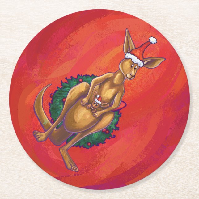 Kangaroo Xmas on Red Runder Pappuntersetzer (Vorderseite)
