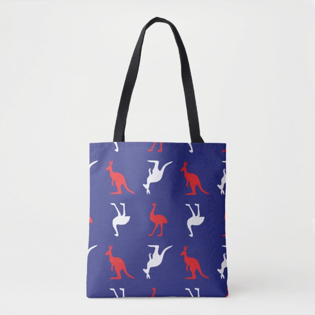 Känguru und Emu Tiermuster in Blau Tasche (Vorderseite)