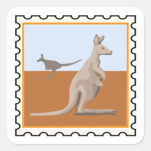 Kängurus und Joey australische Briefmarkenkunst Quadratischer Aufkleber