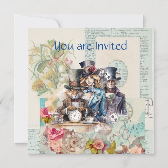 Kaninchen, Alice und Mad Hatter in Top Hats Einladung (Vorderseite)