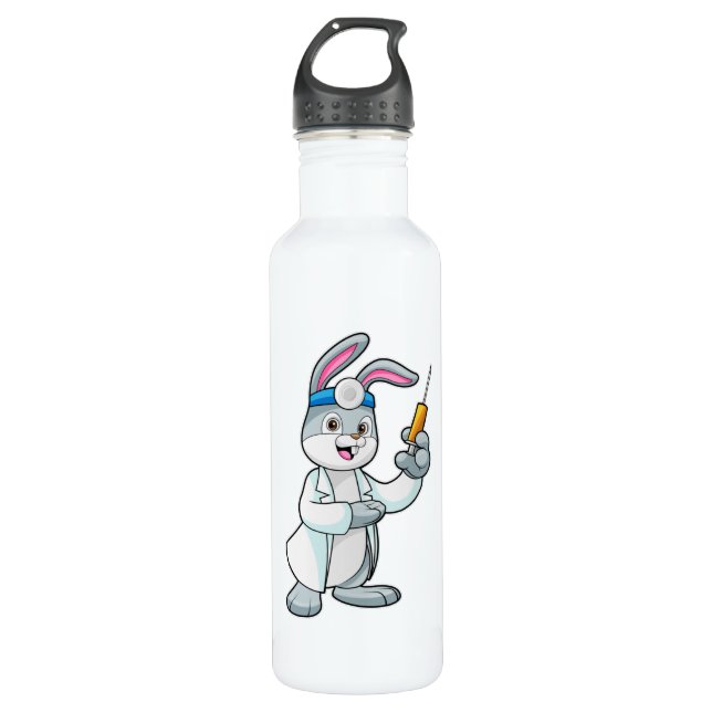 Kaninchen als Arzt bei Impfung mit Spritze Edelstahlflasche (Vorderseite)
