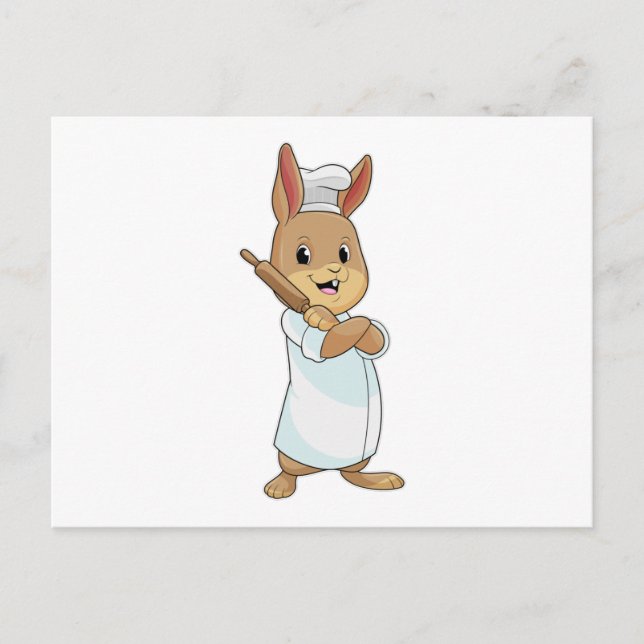 Kaninchen als Bäcker mit Nudelholz Postkarte (Vorderseite)