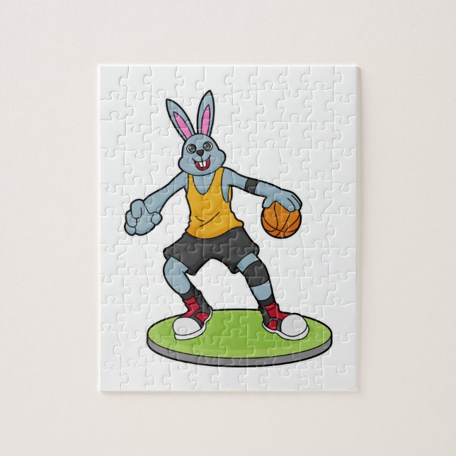 Kaninchen als Basketballspieler mit Basketball (Vertikal)