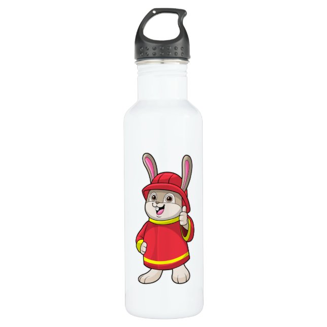 Kaninchen als Feuerwehrmann mit Helm Edelstahlflasche (Vorderseite)