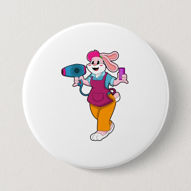 Kaninchen als Friseur mit Fön und Kamin Button (Vorderseite)