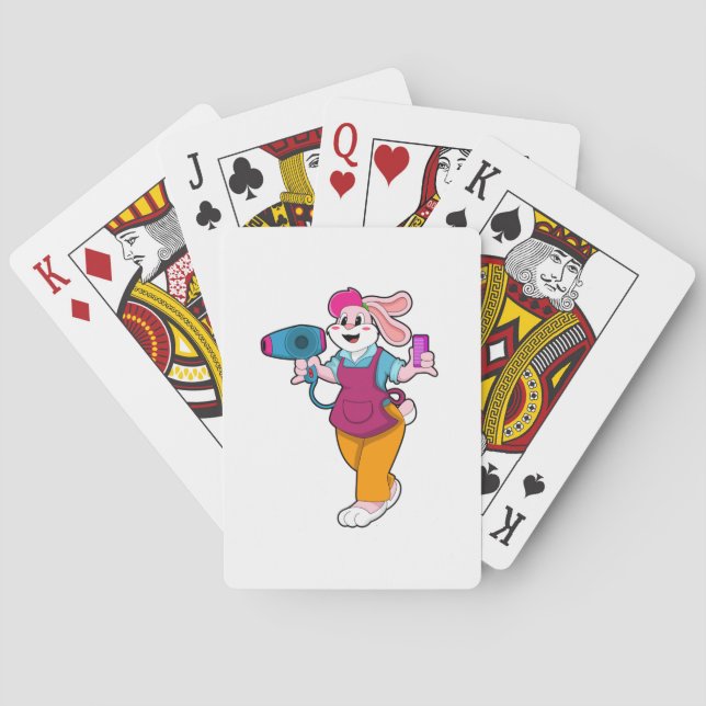 Kaninchen als Friseur mit Fön und Kamin Spielkarten (Rückseite)