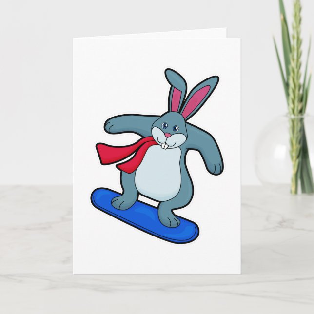 Kaninchen als Snowboarder mit Snowboard & Scarf Karte (Vorderseite)