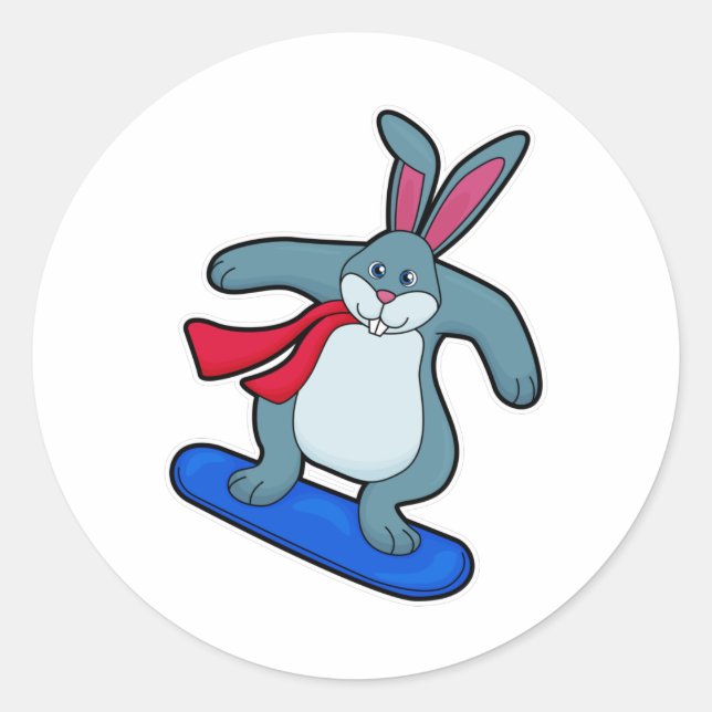 Kaninchen als Snowboarder mit Snowboard & Scarf Runder Aufkleber (Vorderseite)