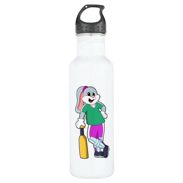 Kaninchen auf Cricket mit Cricket-Schläger Edelstahlflasche (Vorderseite)