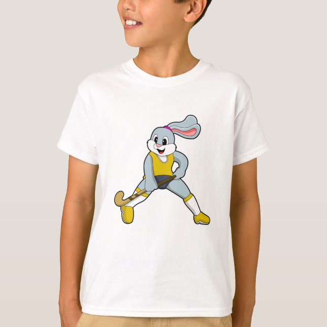 Kaninchen auf Hockey mit Hockey-Fledermaus T-Shirt (Vorderseite)