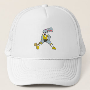 Kaninchen auf Hockey mit Hockey-Fledermaus Truckerkappe