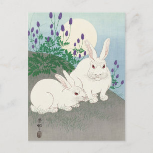 Kaninchen auf Vollmondmalerei von Ohara Koson Postkarte