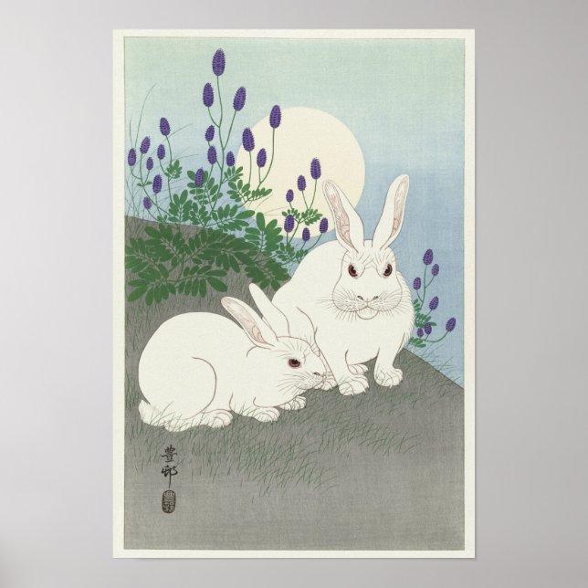Kaninchen bei Vollmond von Ohara Koson Poster (Vorne)