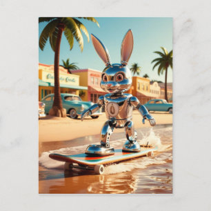 Kaninchen beim Rollschuhlaufen am Strand Postkarte