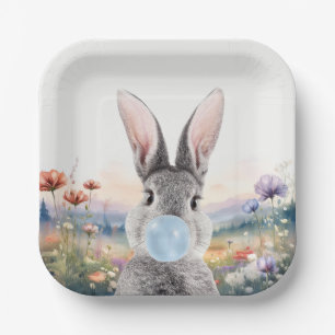 Kaninchen blasen Kaugummi mit Wildblumen Pappteller